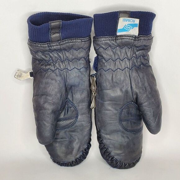 Vintage Kombi Leather Insulated Mittens Gloves Ladies Medium Navy Blue - Picture 2 of 6